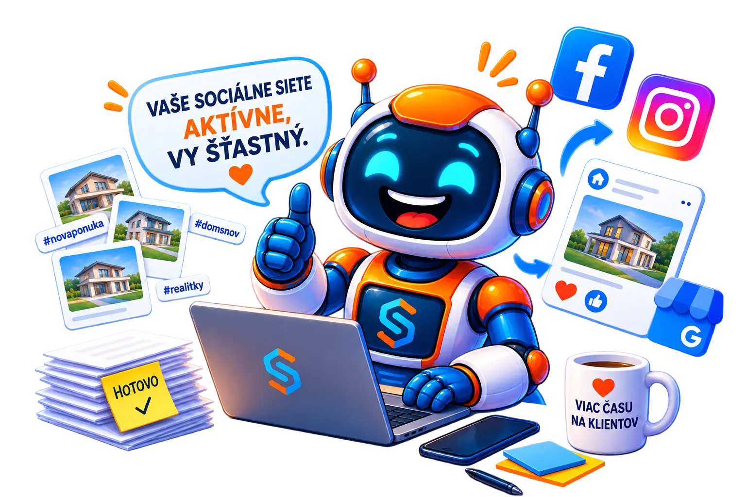 Spokojný robot Sockár automaticky zverejňuje inzeráty nehnuteľností na Facebook, Instagram a Google